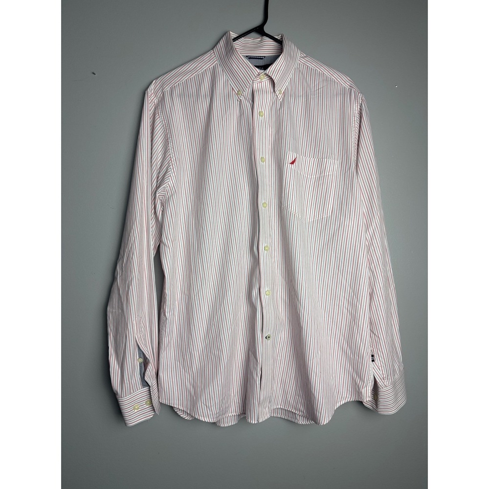 Nautica Mens L Button Down Shirt Red Blue Stripe Long Sleeve Classic Fit Cotton